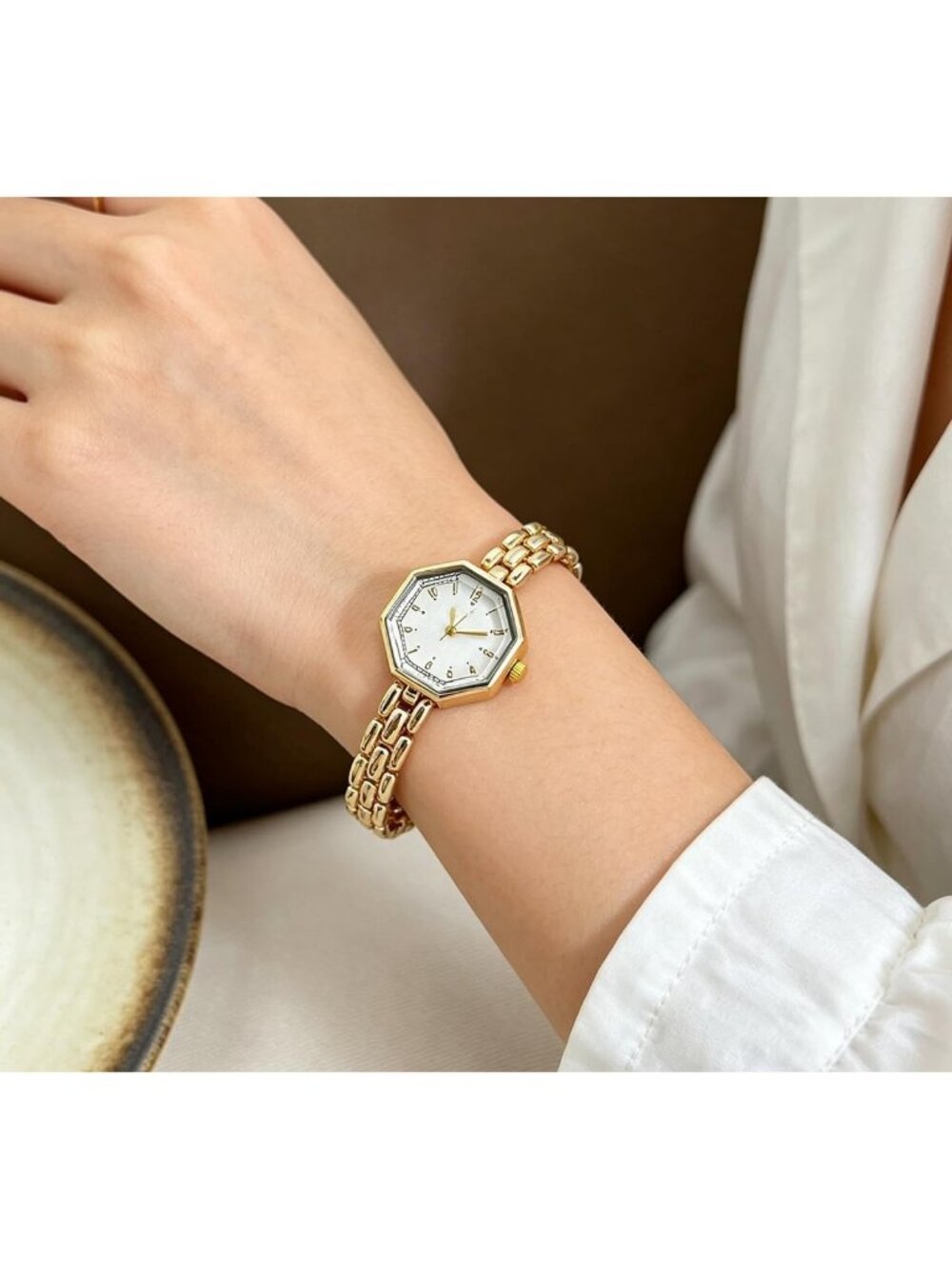 Women's Gold White Octagonal Stainless Steel Dress Quartz Vintage Wrist Watches - Picture 2 of 6